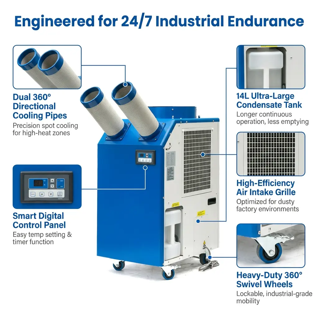 OEM 14L பெரிய தொட்டி 2700W பவர் 9300BTU ரோட்டரி கம்ப்ரசர் போர்ட்டபிள் ஸ்பாட் கூலர் இன்டஸ்ட்ரியல் ஏர் கண்டிஷனர்